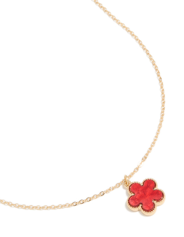 Gold Red Five Petal Flower Necklace