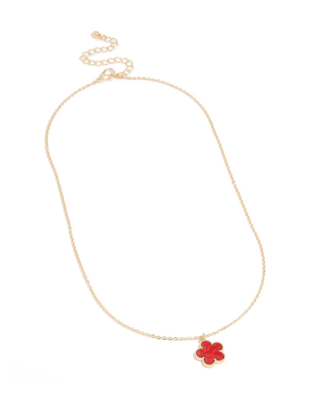 Discover a gold necklace with red five petal flower pendant in statement style front view