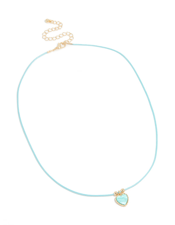 Featuring an aqua blue heart pendant cord necklace front view