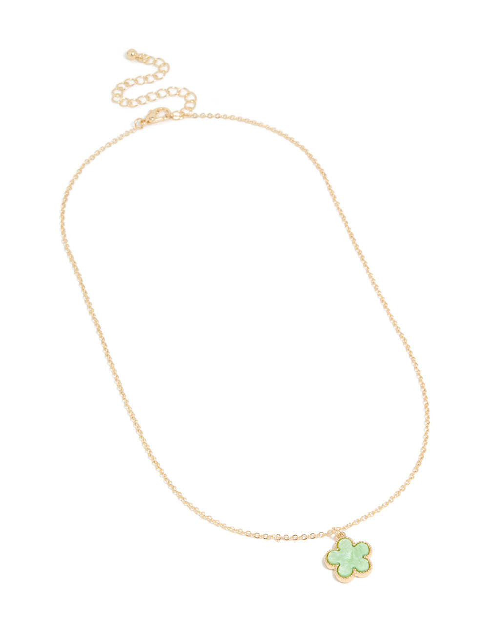 Featuring a gold necklace with light green 5 petal flower pendant front view