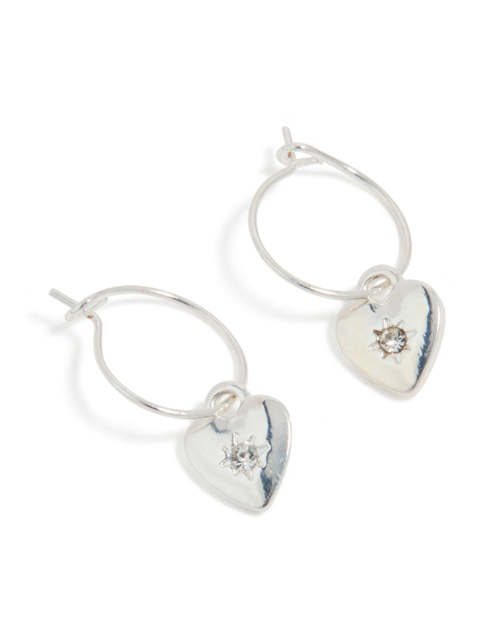 Silver Diamante Heart Huggie Drop Earrings