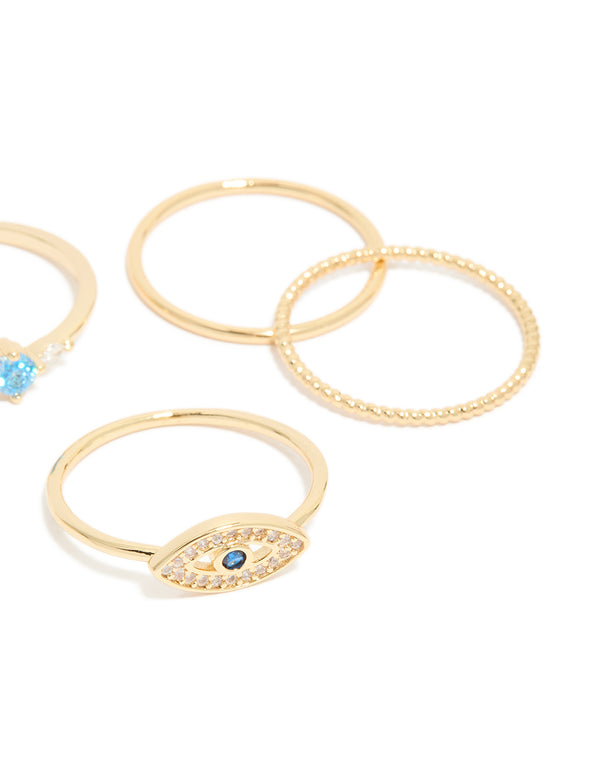Gold Plated Cubic Zirconia & Evil Eye Rings 5-Pack