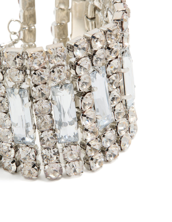 Featuring colossal diamantes in silver statement bracelet close up view