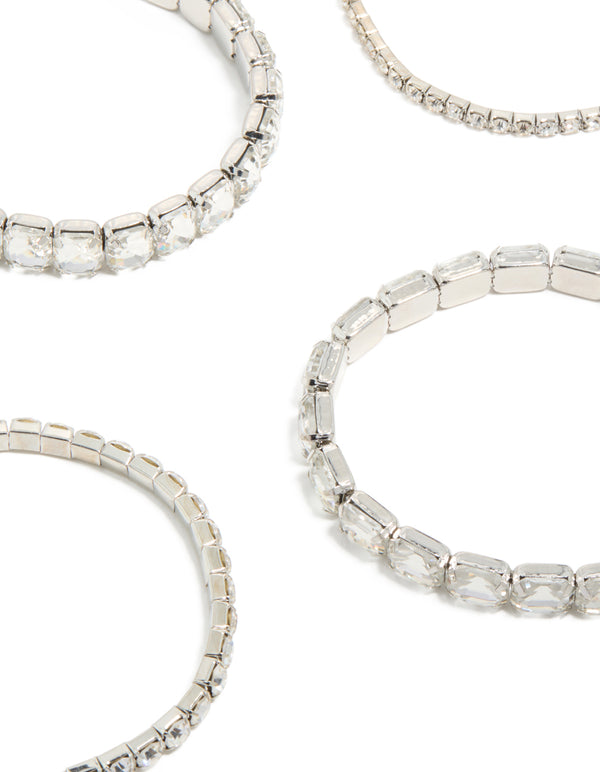 Highlighting silver shimmer diamante stretch bracelets 5-pack in clear stones detail view