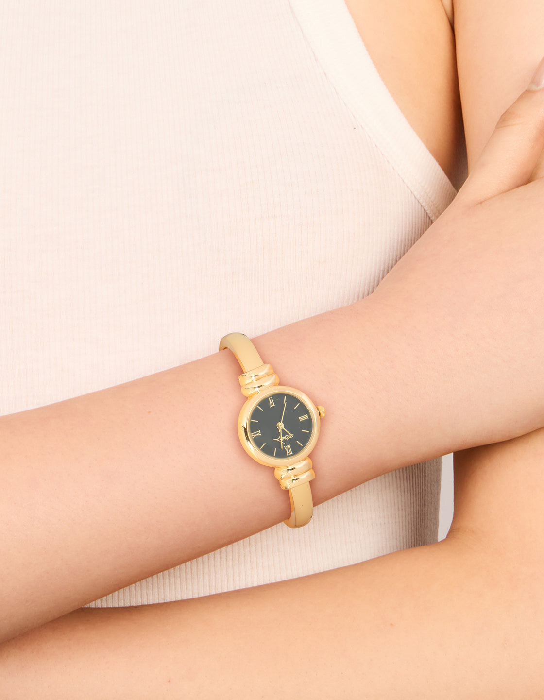 Gold Plated Black Watch Face Centre Bangle