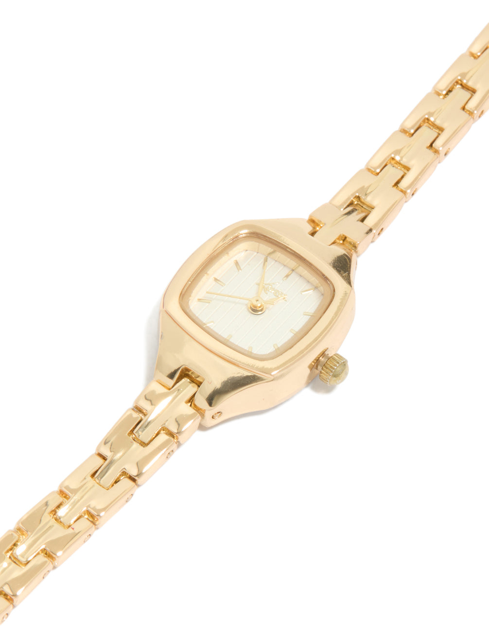 Featuring a gold vintage mini square watch featuring white dial for women designed for casual occasions with link band strap and analog display watch face detail view
