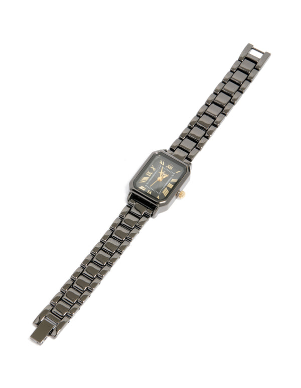 Black Coated Metal Rectangle Roman Numeral Watch
