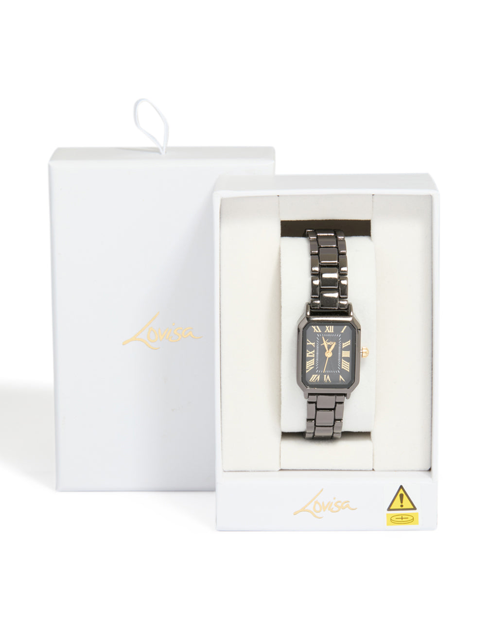 Presenting a black coated metal rectangle roman numeral watch with gold numerals, analog display, link band, and formal styling case detail view
