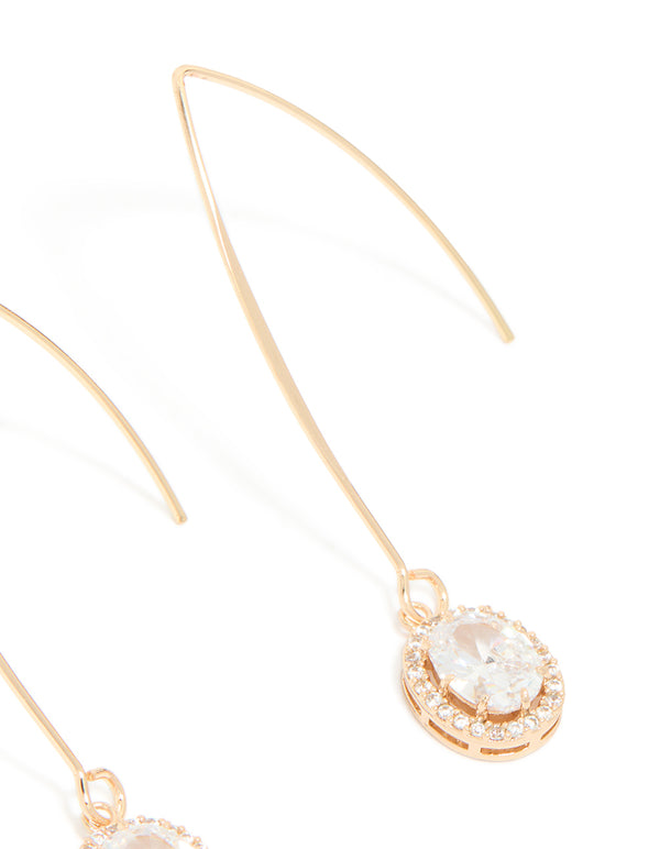 These gold cubic zirconia dainty circle drop earrings highlight post detail view