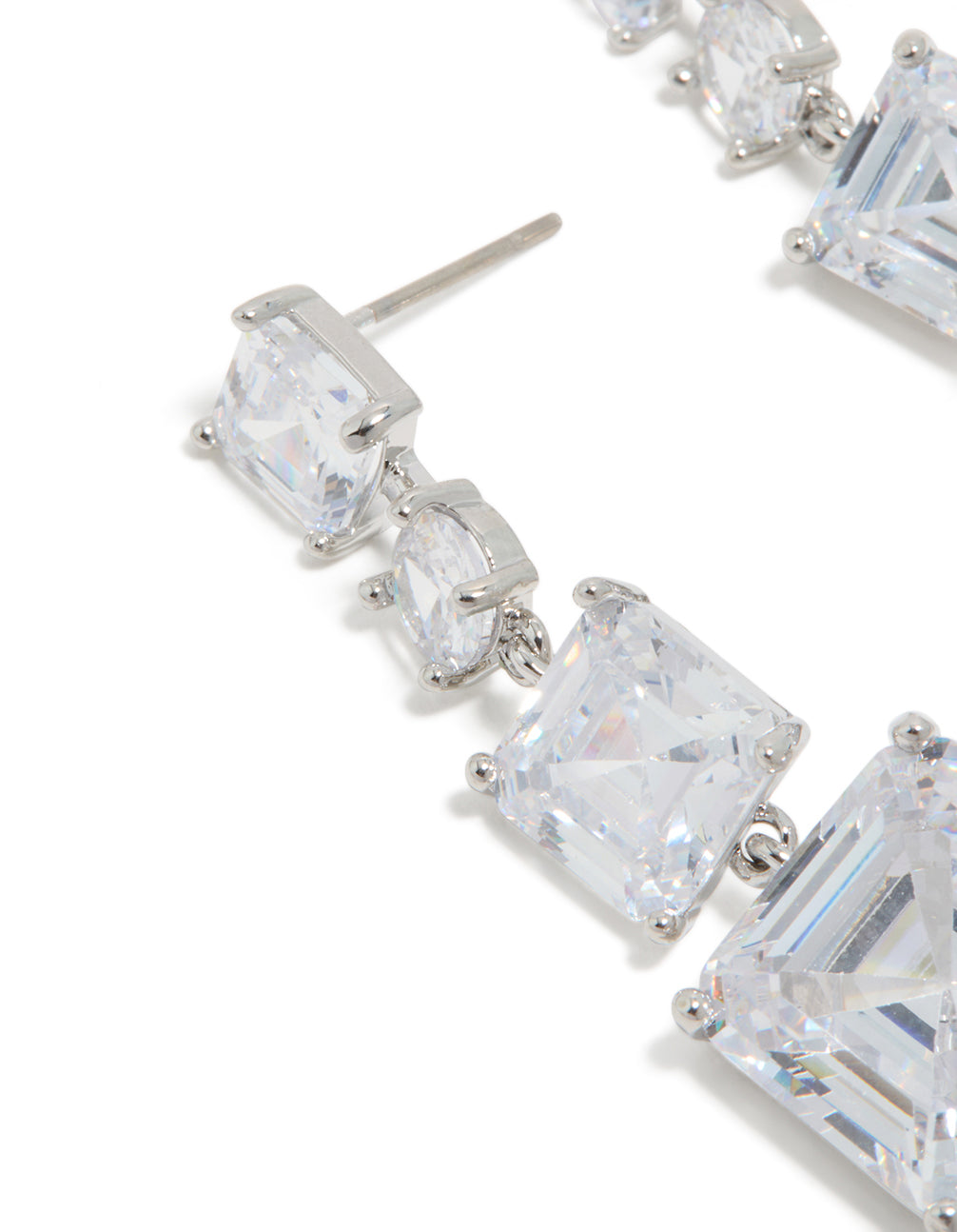Designed with silver cubic zirconia square drop earrings highlighting post detail view