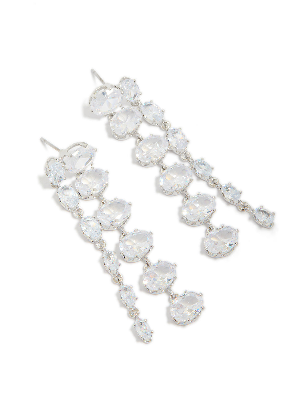 Elegant silver cubic zirconia oval layered drop earrings in light cyan front view