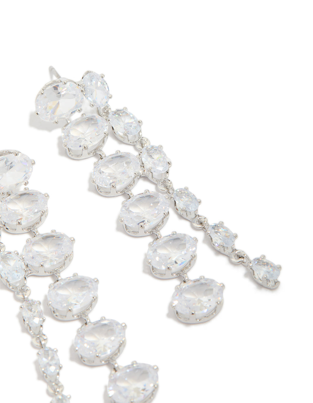 Stunning silver cubic zirconia oval layered drop earrings in light cyan post detail view