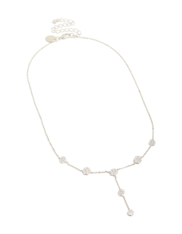 Elegantly presented cubic zirconia mini floral y necklace in dainty silver front view