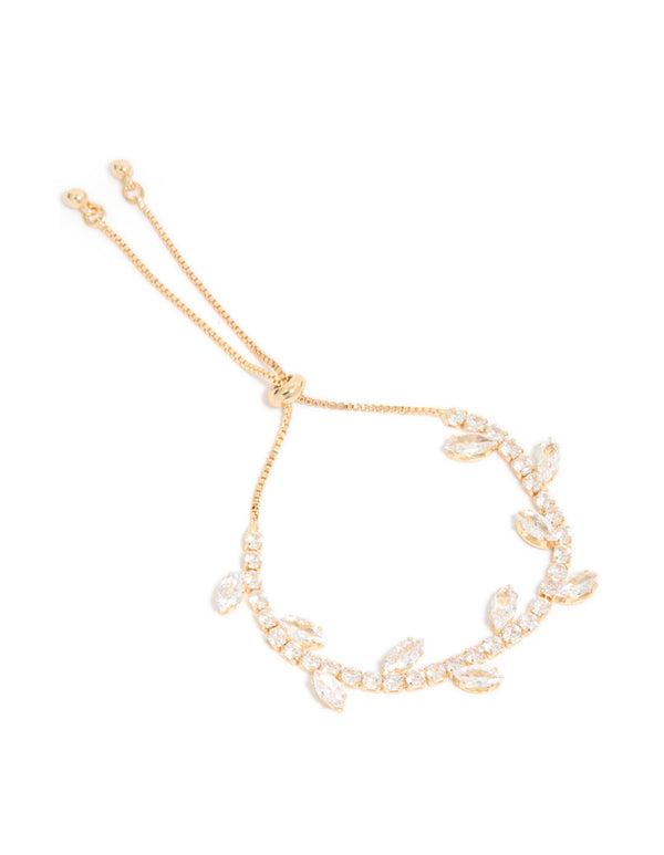 Elegantly crafted gold cubic zirconia bracelet with marquise vine and toggle leaf accents, front view