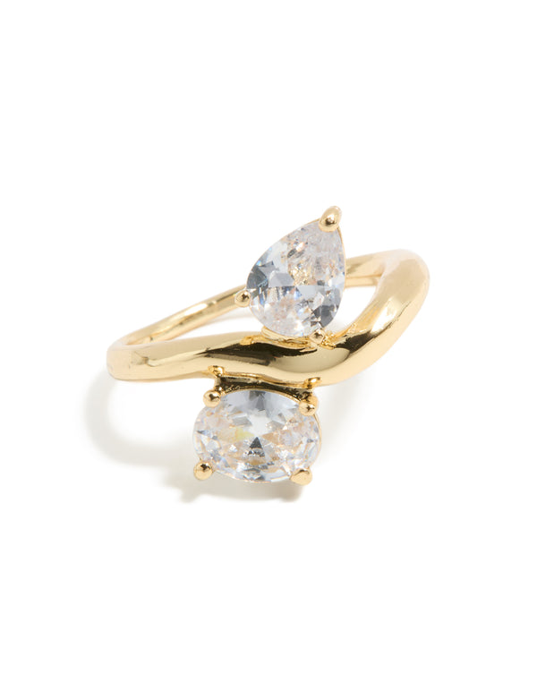 Featuring gold plated material and clear cubic zirconia with modern double statement design front view