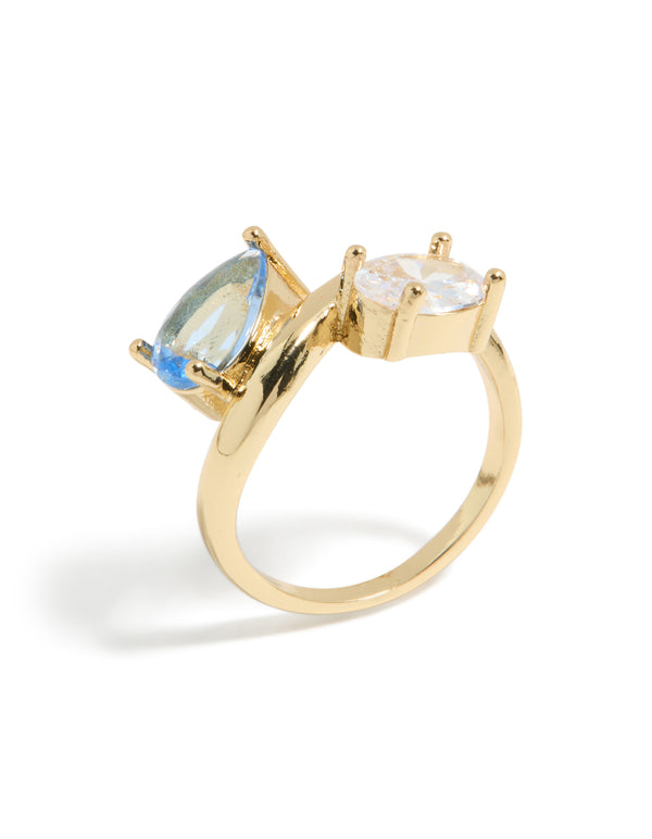 Gold plated ring with clear and blue cubic zirconia front view