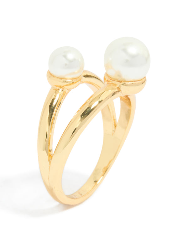 Beautifully crafted waterproof gold plated stainless steel pearls split band ring close up view