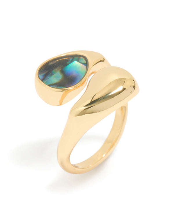 Highlighting a gold plated chunky wrap ring with bar marbled stone in statement style front view