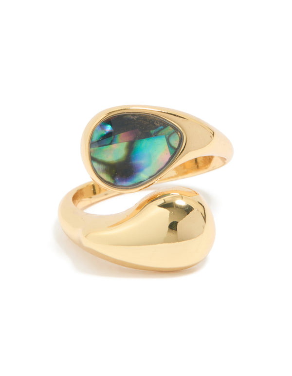 Featuring a gold plated chunky wrap ring with bar marbled stone in statement style side detail view