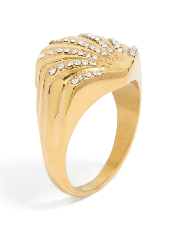 Designed with waterproof gold plated stainless steel, this shell large ring showcases ocean-inspired in chunky style and white accents close up view