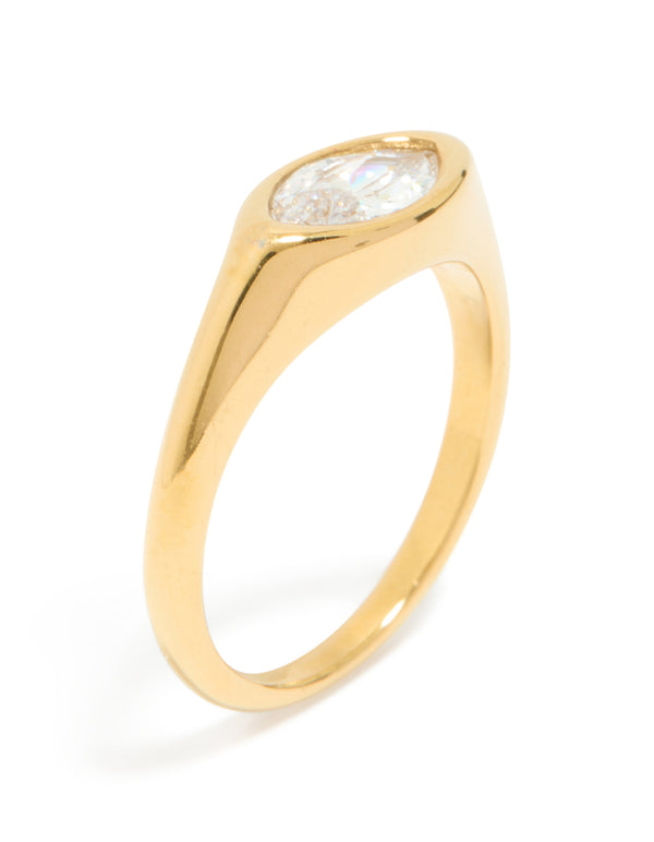 Crafted from waterproof gold plated stainless steel, this signet ring features cubic zirconia in statement style side detail view