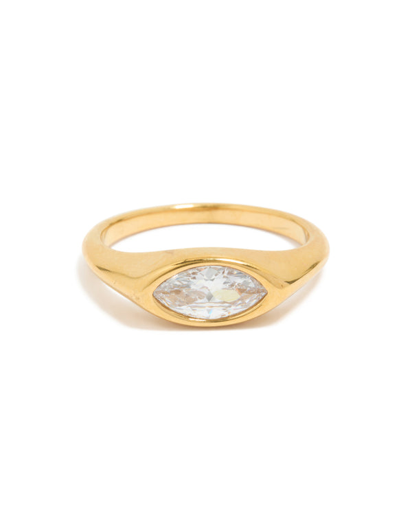 Beautifully designed waterproof gold plated stainless steel signet ring with cubic zirconia in statement style front view