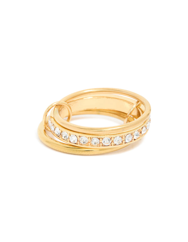 Presenting a waterproof gold plated stainless steel mini loop stacking ring featuring cubic zirconia crystals in statement style close up view