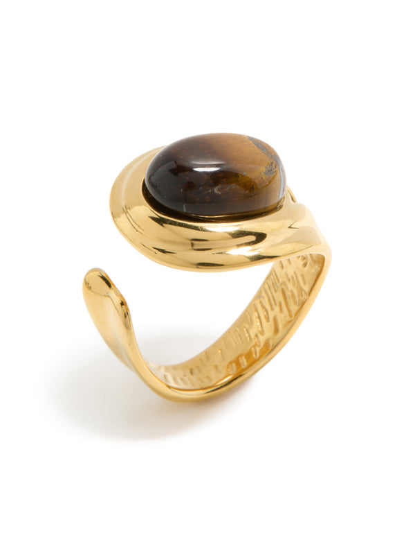 Crafted from waterproof gold plated stainless steel with brown marble oval stone in statement style front view