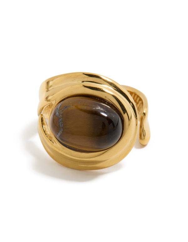 Waterproof Gold Plated Stainless Steel Brown Marble Oval Ring
