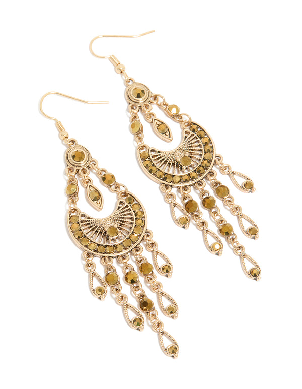 Beautifully crafted gold boho dangly drop charm earrings front view