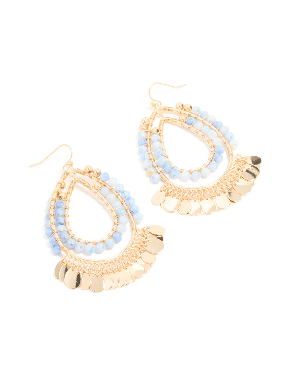 Showcasing statement teardrop earrings featuring blue beads and gold disc accents in a layered design front view