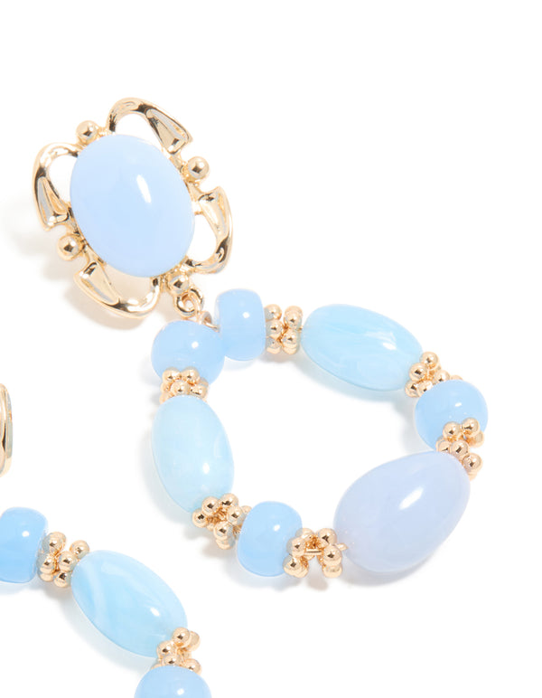 Gold Light Blue Beaded Oval Drop Earrings