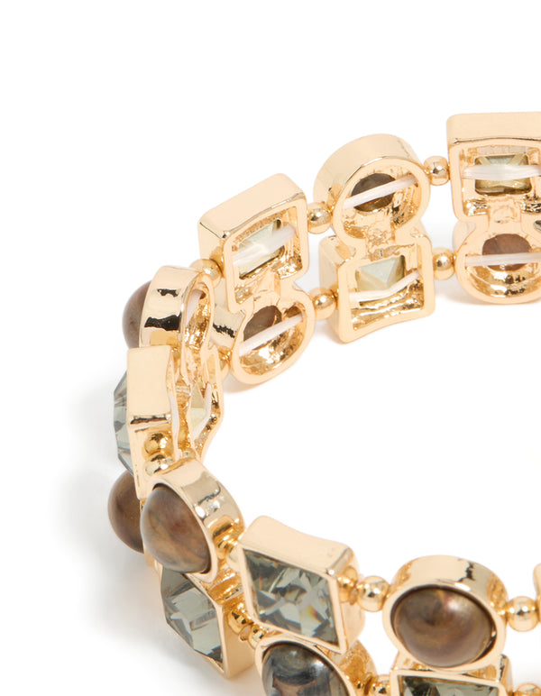 Highlighting gold brown acrylic and diamante stretch bracelet with closure detail view