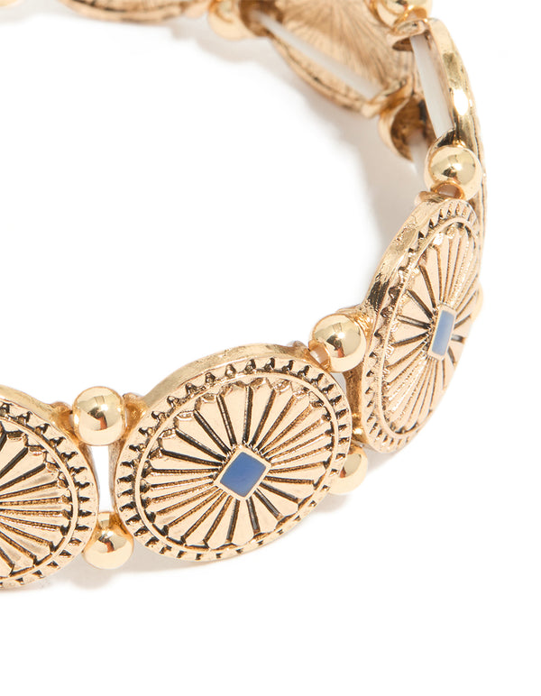 Antique Gold Blue Oval Disc Boho Stretch Bracelet