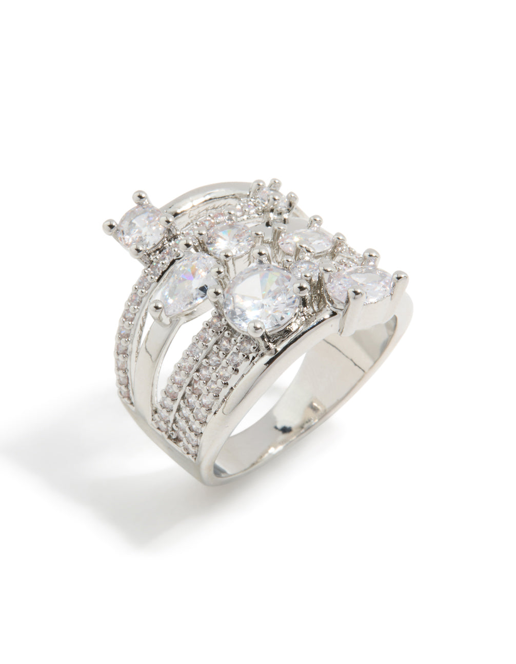 This silver multi cubic zirconia layered wrap ring displays intricate prong settings and sparkling stones side view