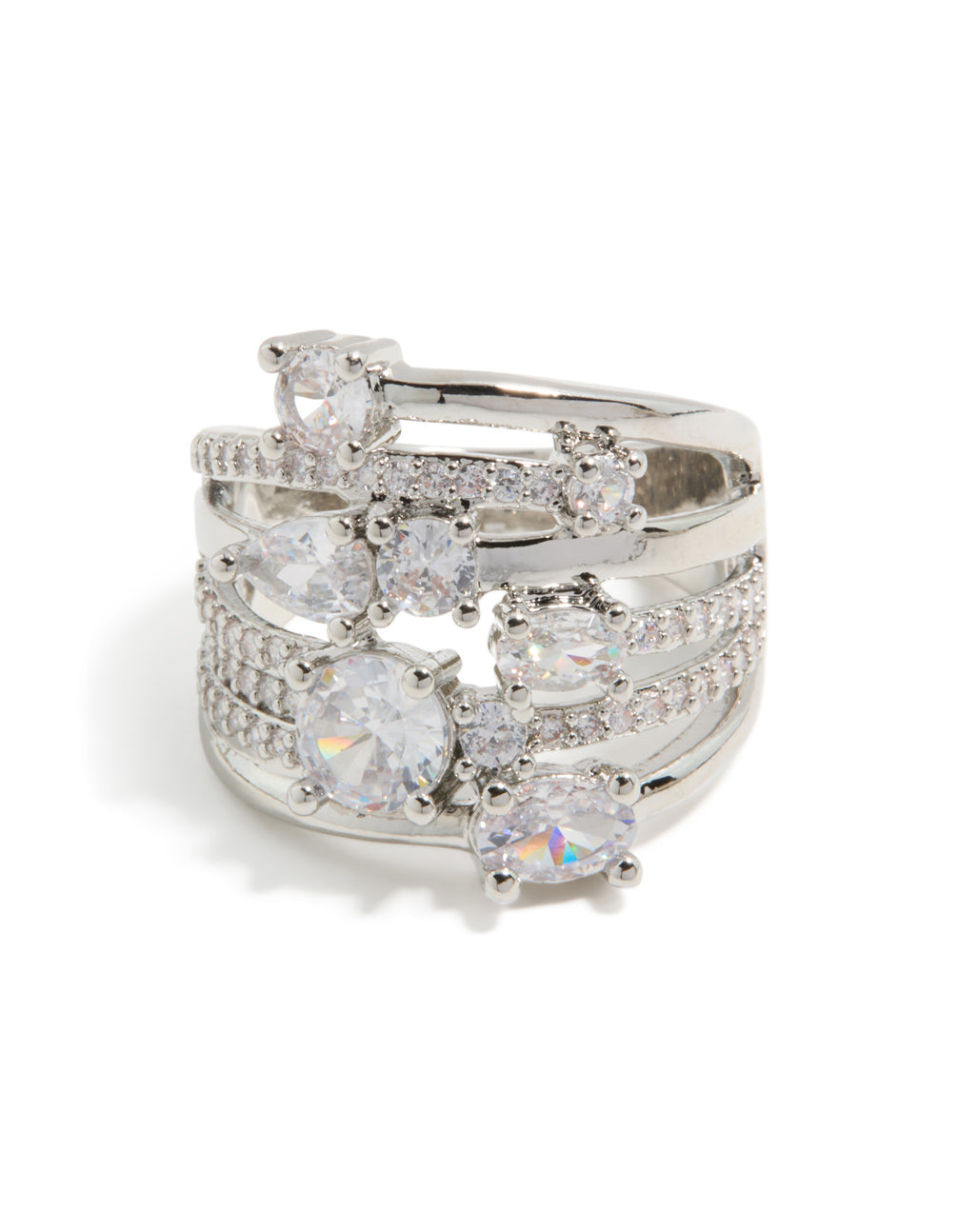 Crafted with silver multi cubic zirconia in a layered wrap ring design highlighting band structure front detail view