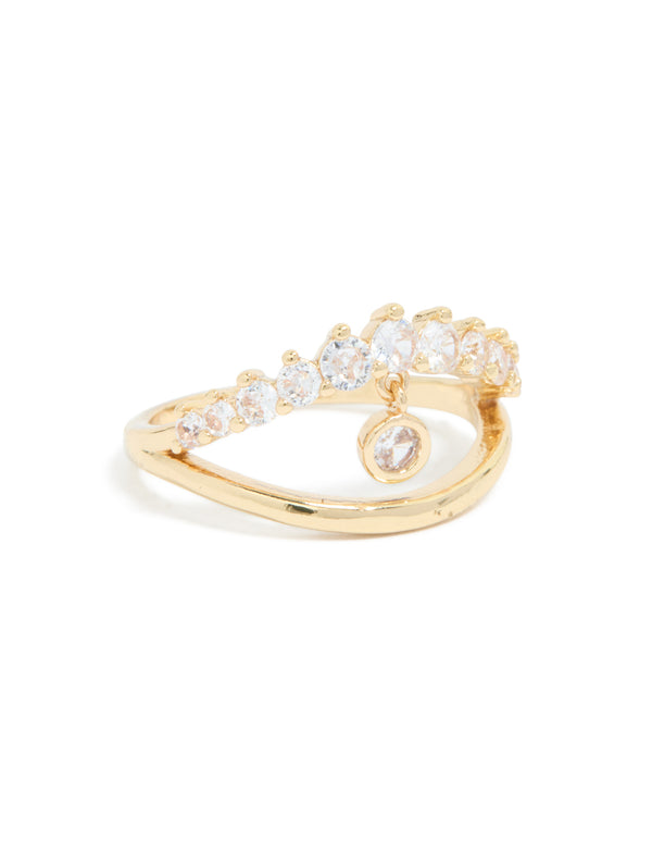 Elegant gold plated cubic zirconia split charm ring with clear stones side detail view