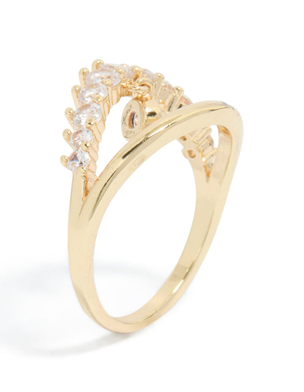 Crafted from gold plated metal with cubic zirconia stones and dangling charm close up view
