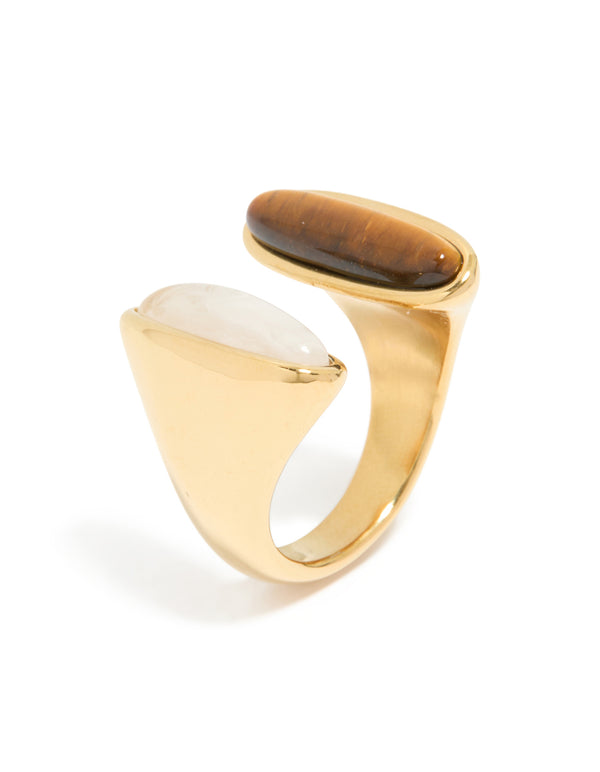 Crafted from waterproof gold plated stainless steel, this open double stone ring in statement style side detail view