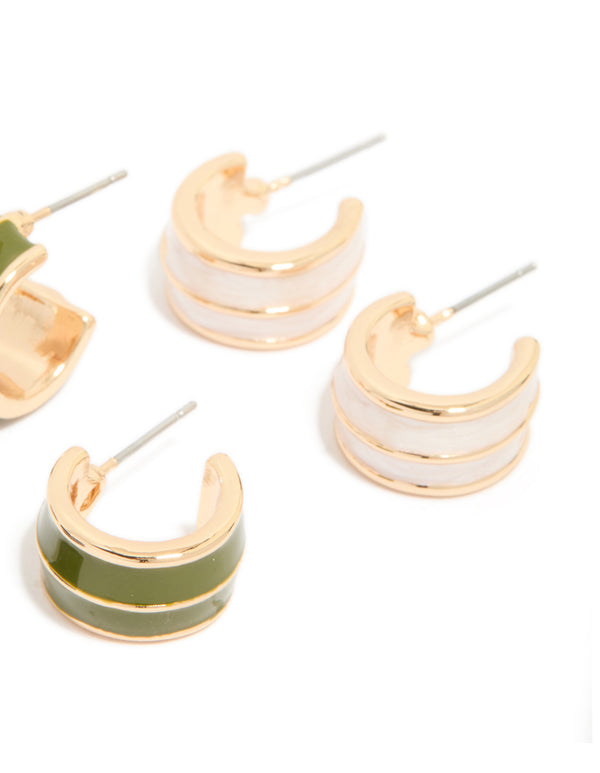 Gold Blue & Green Enamel Small Hoop Earrings 3-Pack