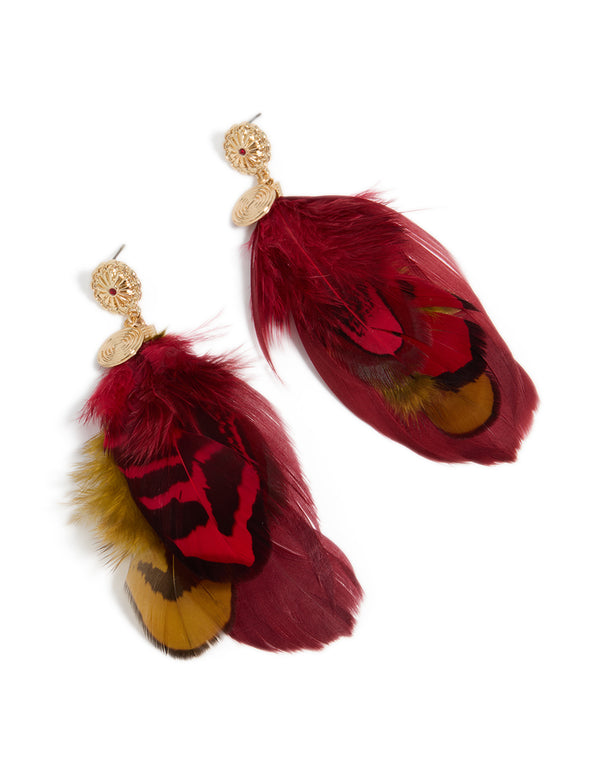 Featuring gold, hot pink and yellow feather drop earrings with statement style front view