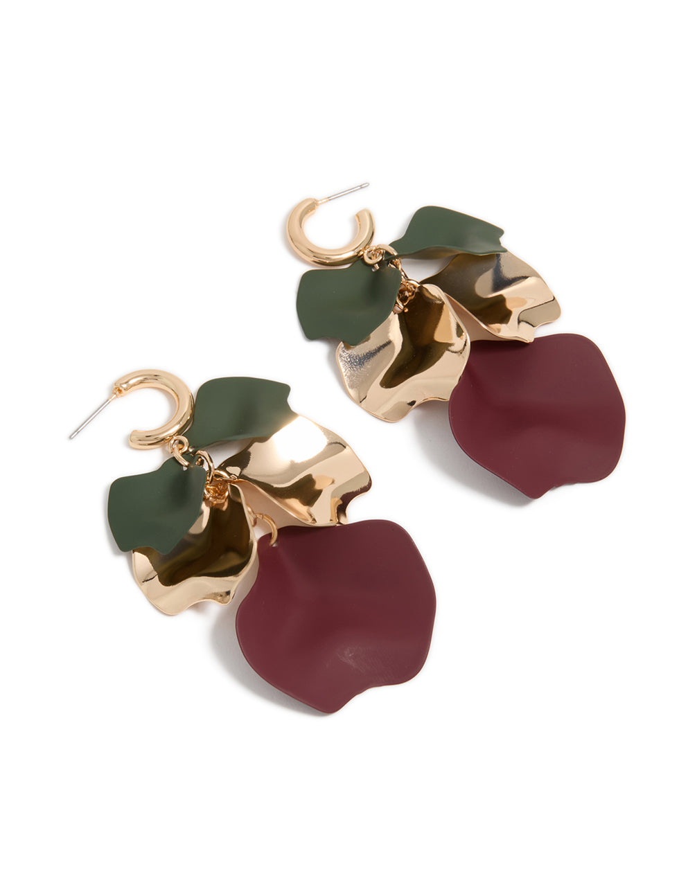 These gold green and purple five petal drop earrings feature floral statement and charm front view