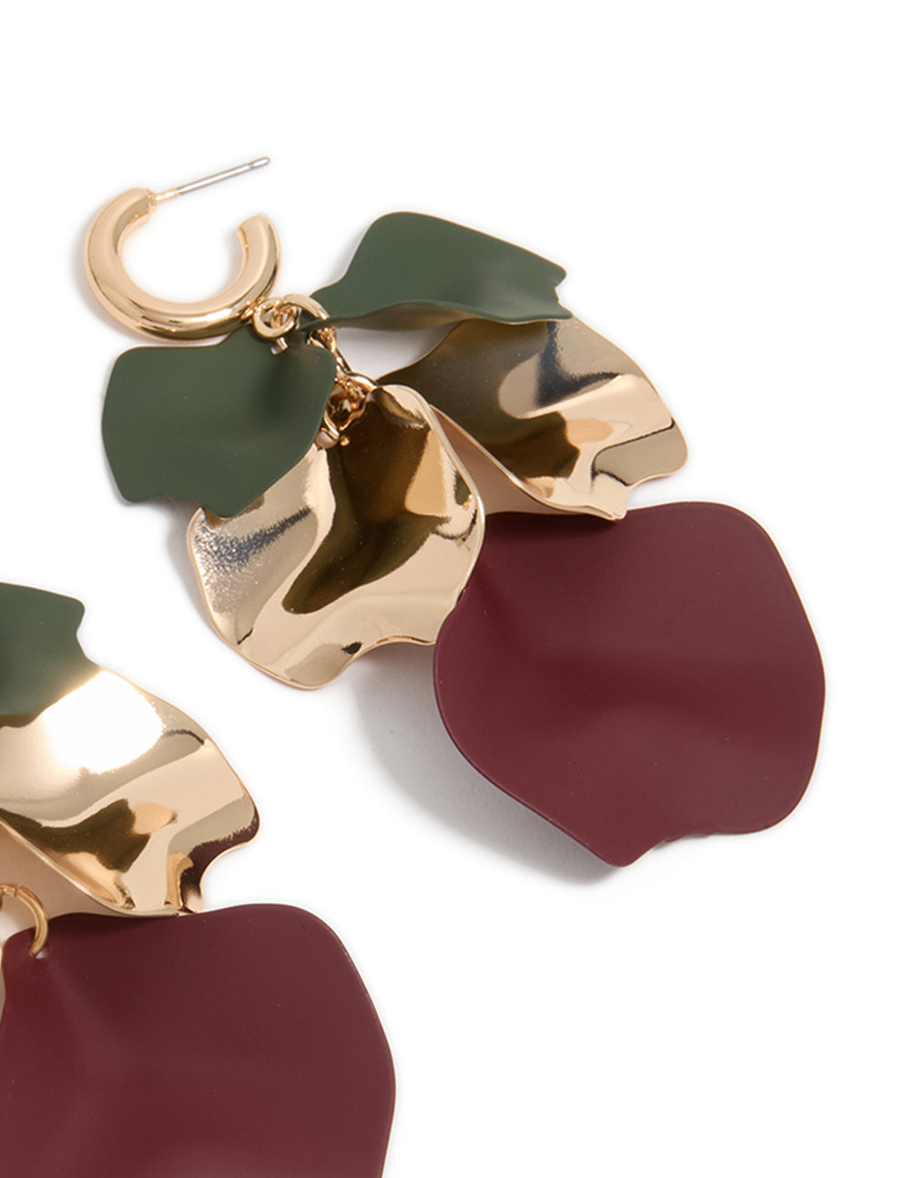 Highlighting the intricate five petal floral statement drop earrings with charm in gold ,green and purple colors post detail view