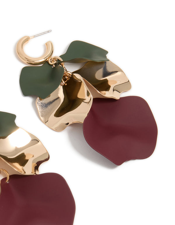 Gold Green & Purple Five Petal Drop Earrings