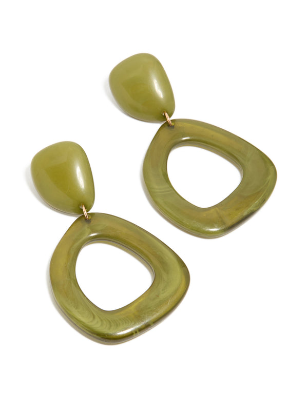 Showcasing organic green acrylic open oval drop earrings with statement style in olive front view
