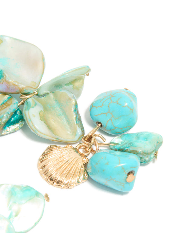 Explore the layered design of genuine shell disc drop earrings with ocean charm details in turquoise and gold post detail view
