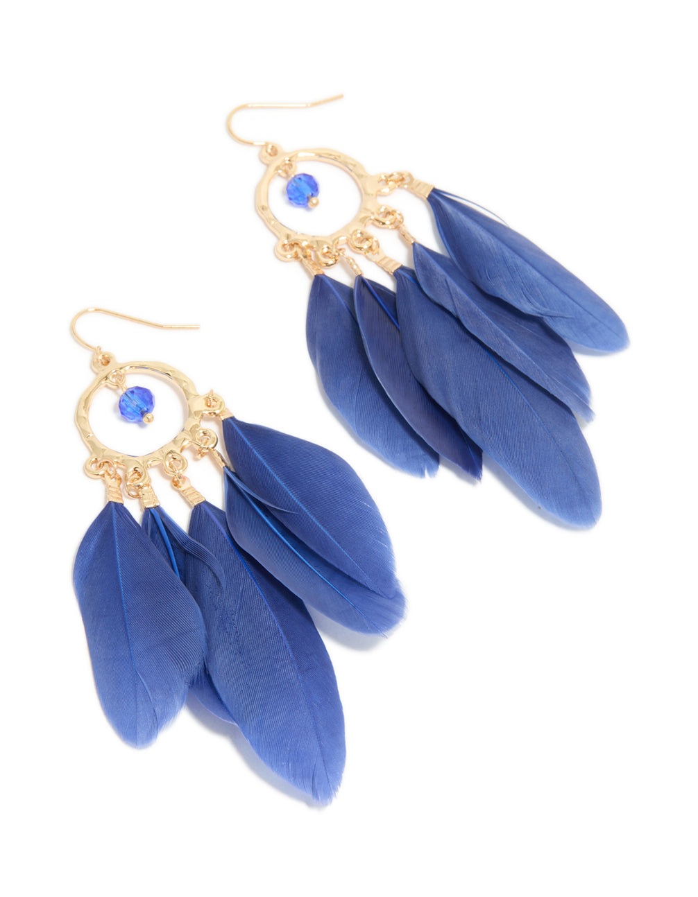 Featuring statement dreamcatcher earrings with beads, charms, and dark blue feathers in a gold finish front view