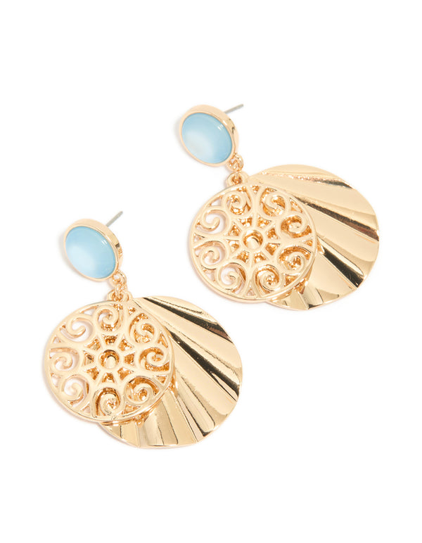 Displaying gold blue circle and swirl drop earrings featuring light sky blue accents and statement style front view
