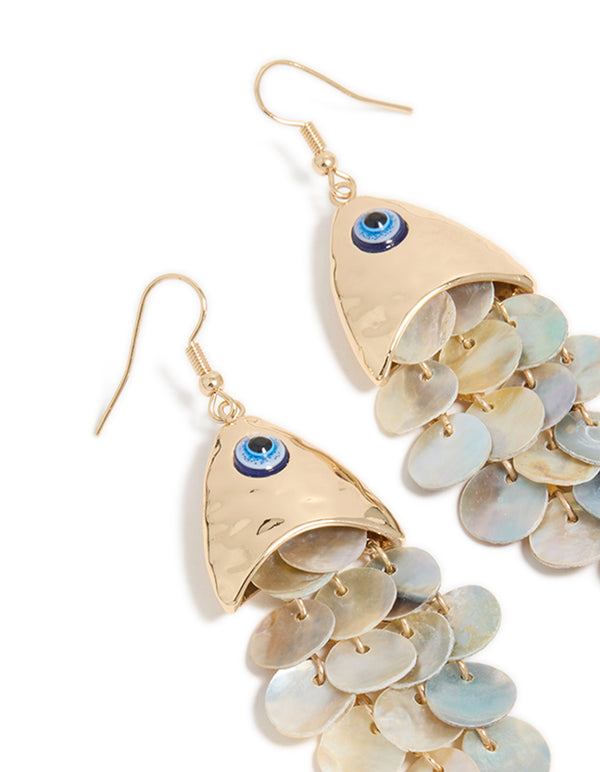 Gold Evil Eye Fish Drop Earrings