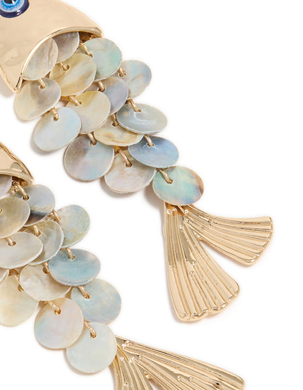 Gold Evil Eye Fish Drop Earrings